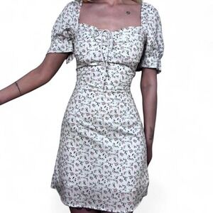 white pink & green blue floral puffy short sleeve dress